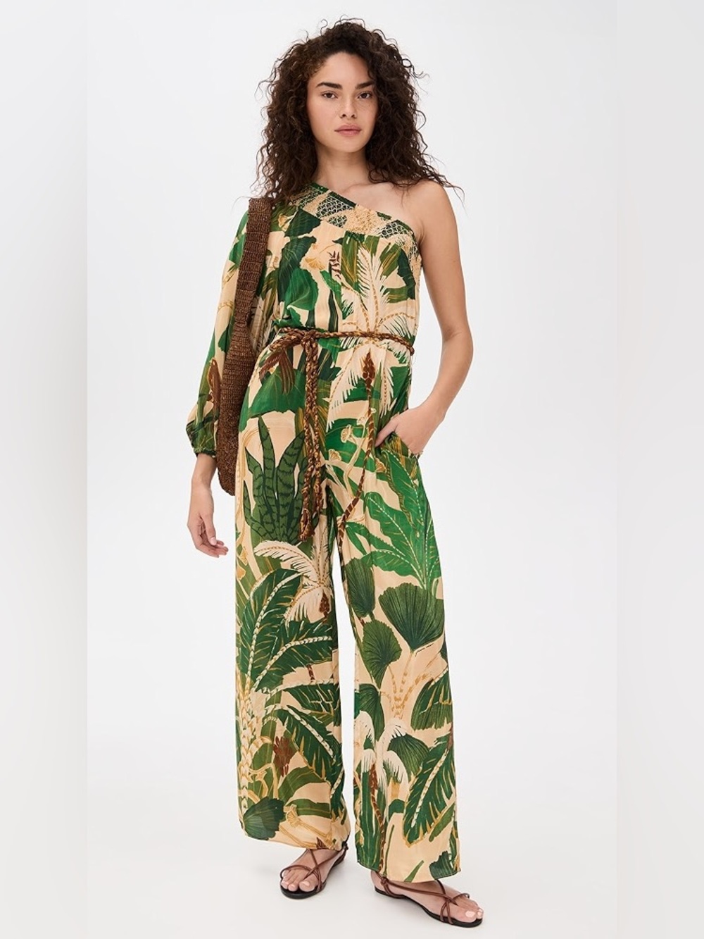NWOT Farm Rio One-Shoulder Tropical Print Jumpsuit in Green Sz S